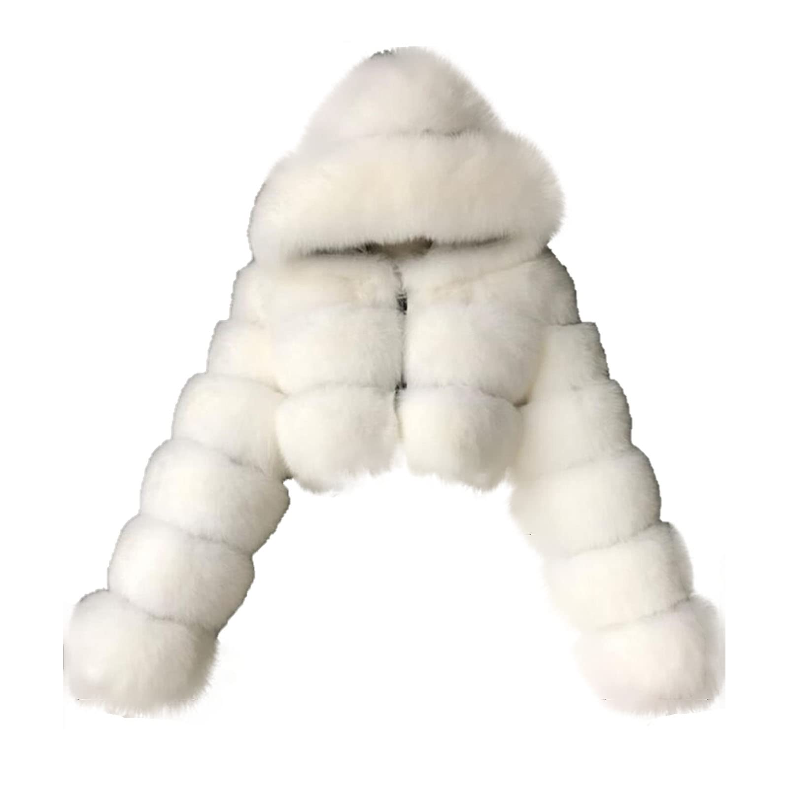 JEsilunmaMY Womens Fluffy Fur Short Coat Zip Long Sleeve Fleece Fuzzy Hooded Jacket Winter Warm Shaggy Shearling Outwear