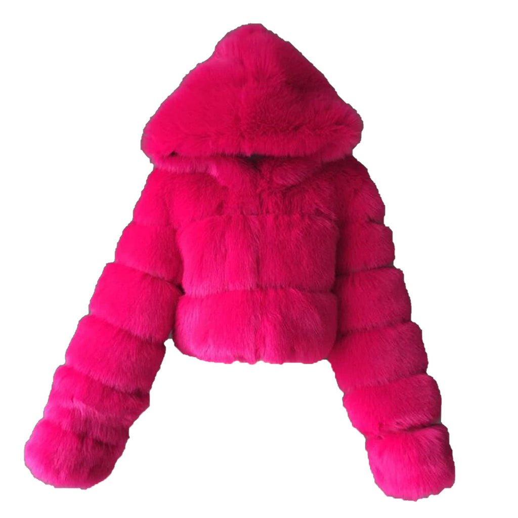 JEsilunmaMY Womens Fluffy Fur Short Coat Zip Long Sleeve Fleece Fuzzy Hooded Jacket Winter Warm Shaggy Shearling Outwear