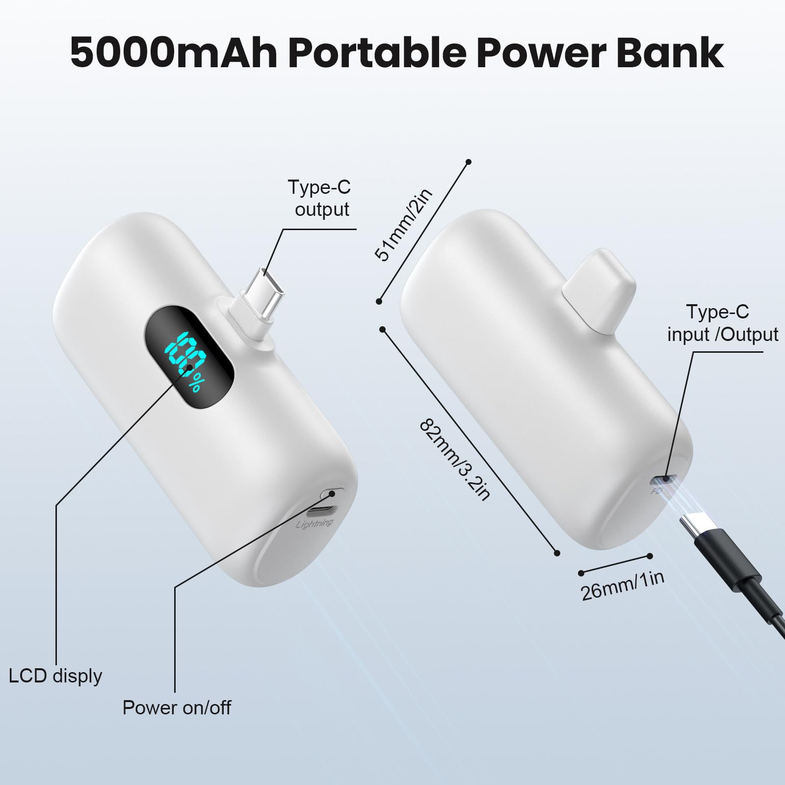Mini Portable Charger USB C Power Bank,Upgraded 5000mAh PD Fast Charging Battery Pack Built-in USB-C Connector Travel Essential for iPhone17/17Pro/17Pro Max/Air/16 Plus/16Pro Max/15 Series Android