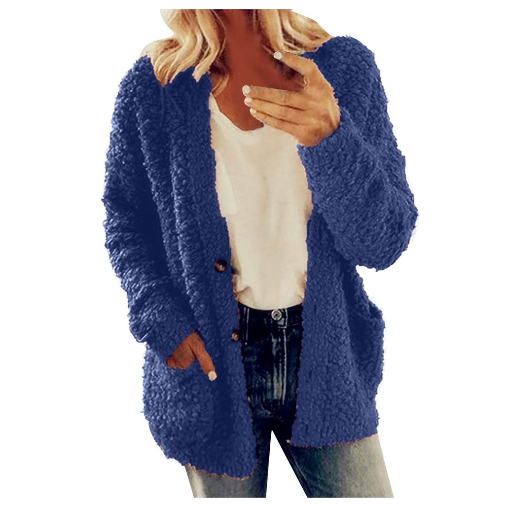 Cdiecer Fuzzy Jackets for Women Winter Sherpa Coat Autumn Winter Fleece Jacket Button Solid Color Cardigan With Pockets