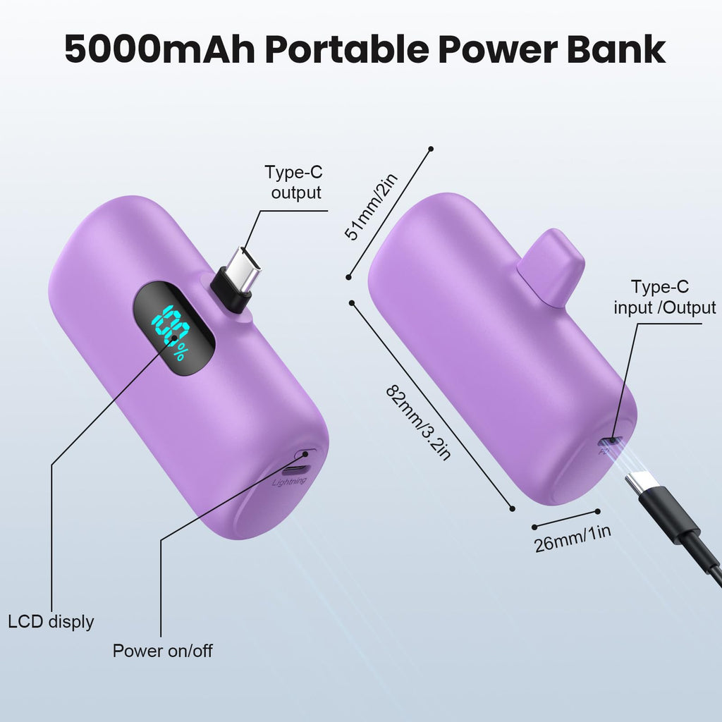 Mini Portable Charger USB C Power Bank,Upgraded 5000mAh PD Fast Charging Battery Pack Built-in USB-C Connector Travel Essential for iPhone17/17Pro/17Pro Max/Air/16 Plus/16Pro Max/15 Series Android