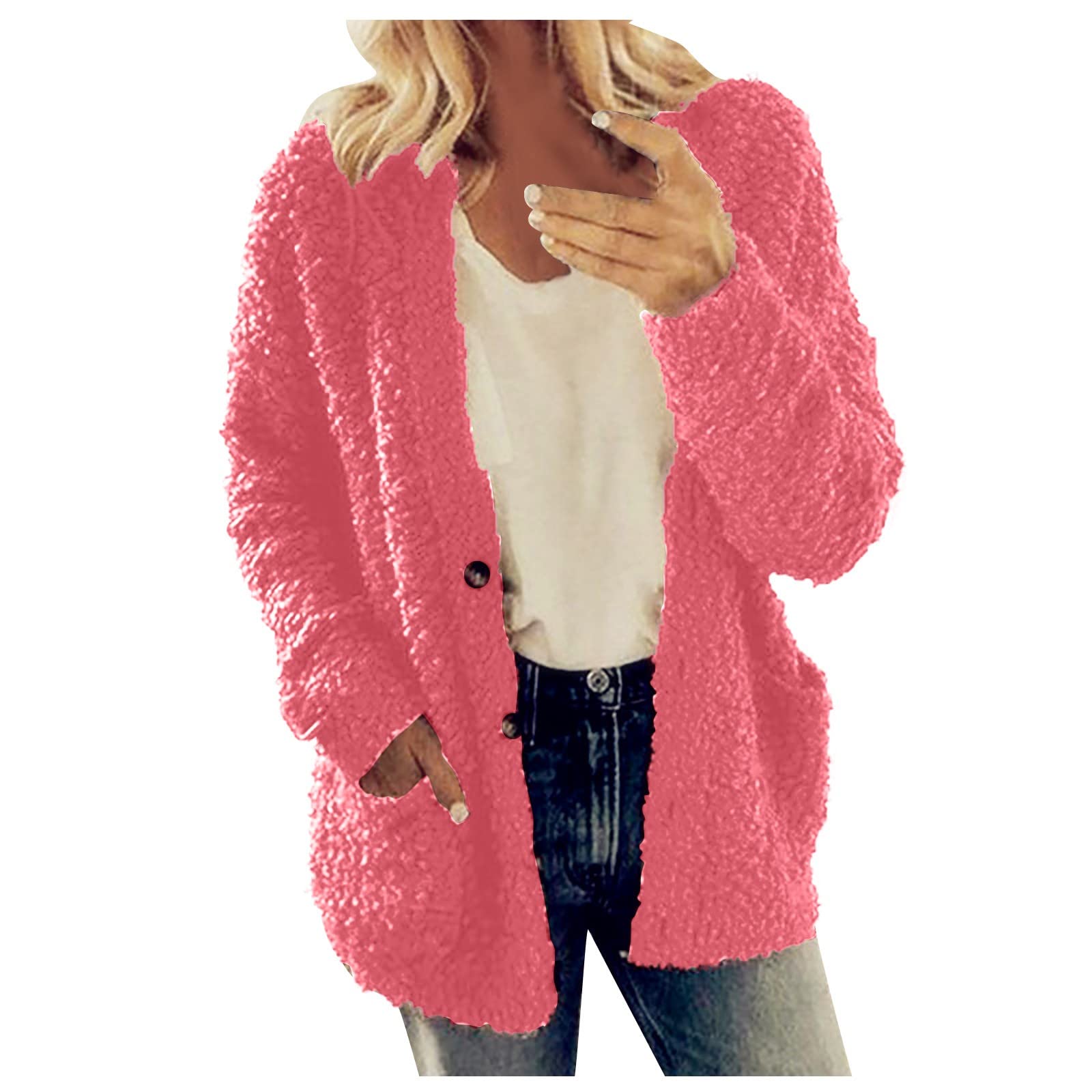 Cdiecer Fuzzy Jackets for Women Winter Sherpa Coat Autumn Winter Fleece Jacket Button Solid Color Cardigan With Pockets