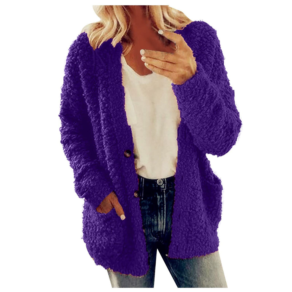 Cdiecer Fuzzy Jackets for Women Winter Sherpa Coat Autumn Winter Fleece Jacket Button Solid Color Cardigan With Pockets