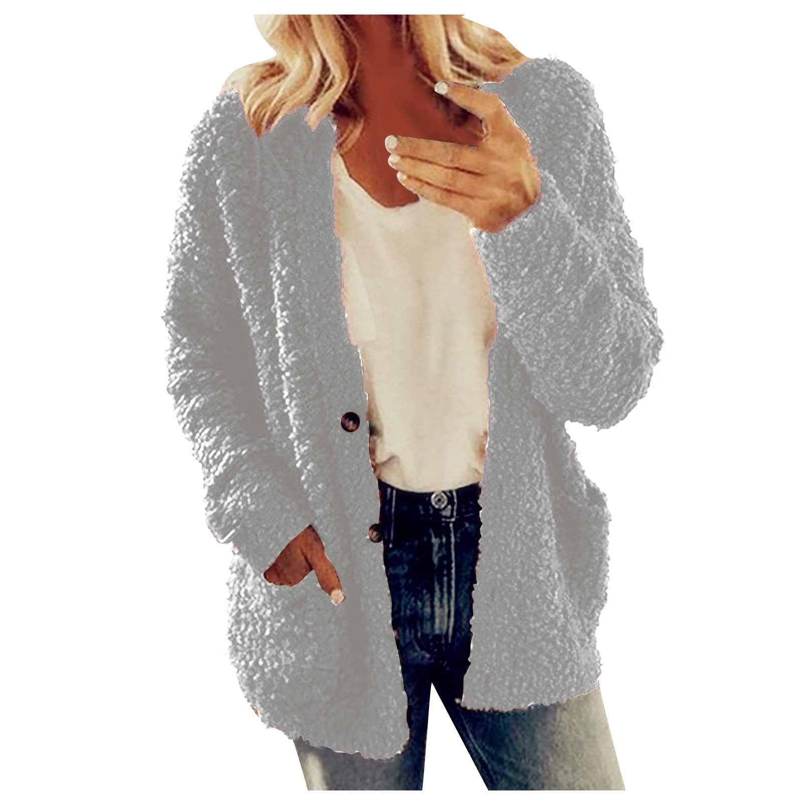 Cdiecer Fuzzy Jackets for Women Winter Sherpa Coat Autumn Winter Fleece Jacket Button Solid Color Cardigan With Pockets