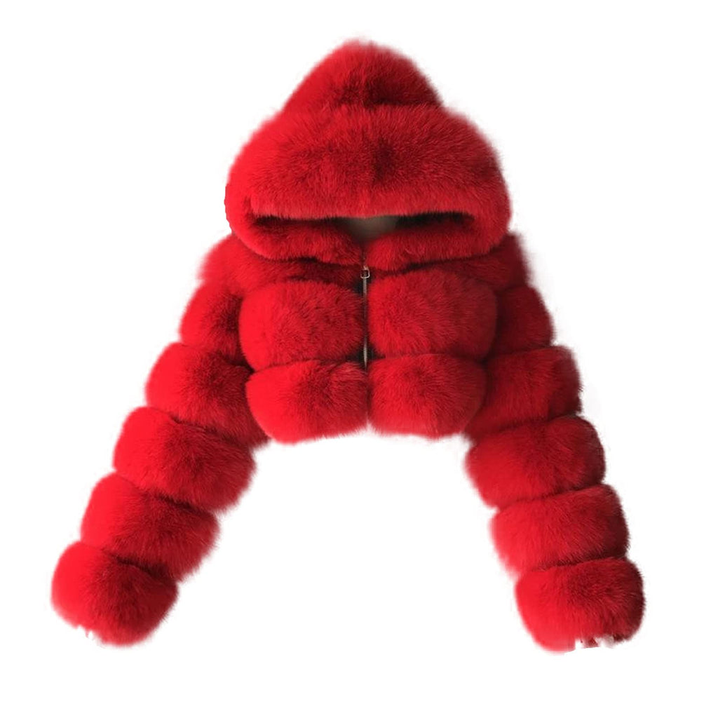 JEsilunmaMY Womens Fluffy Fur Short Coat Zip Long Sleeve Fleece Fuzzy Hooded Jacket Winter Warm Shaggy Shearling Outwear