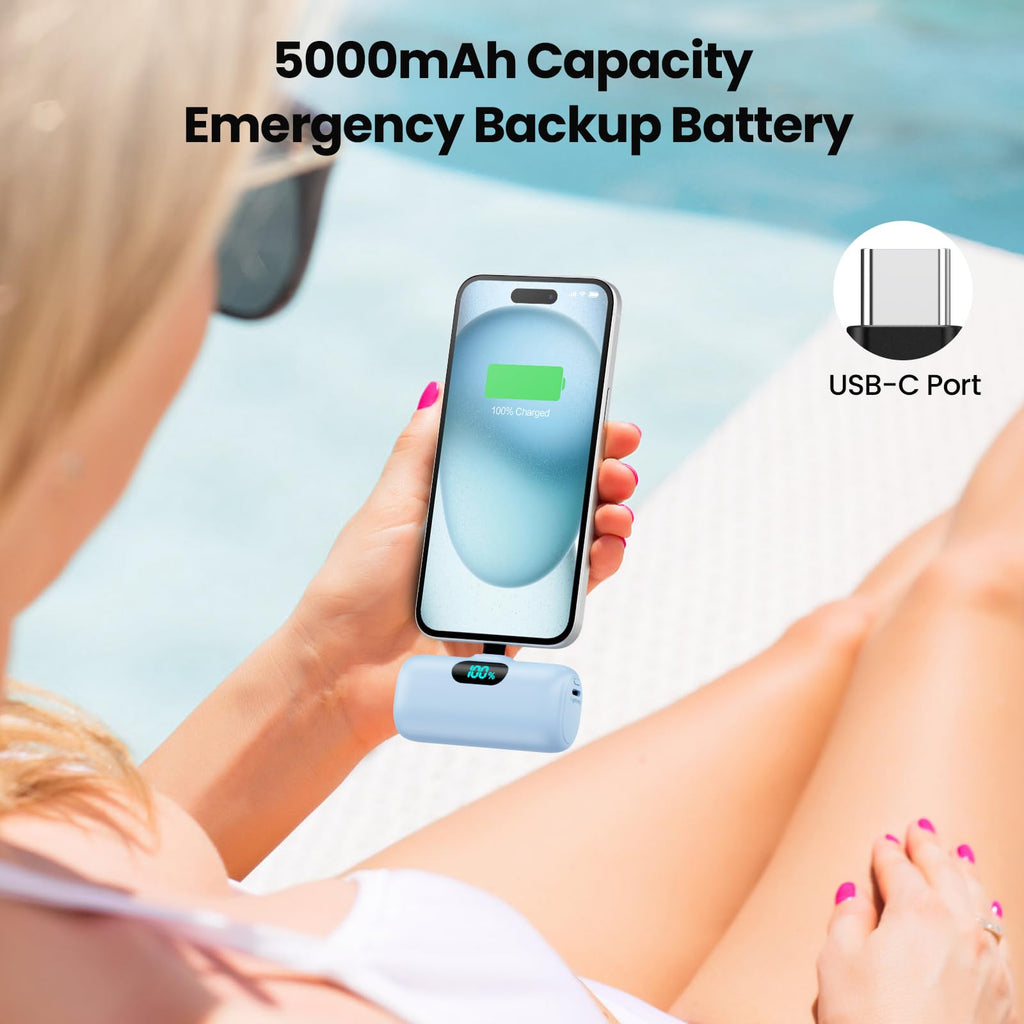 Mini Portable Charger USB C Power Bank,Upgraded 5000mAh PD Fast Charging Battery Pack Built-in USB-C Connector Travel Essential for iPhone17/17Pro/17Pro Max/Air/16 Plus/16Pro Max/15 Series Android