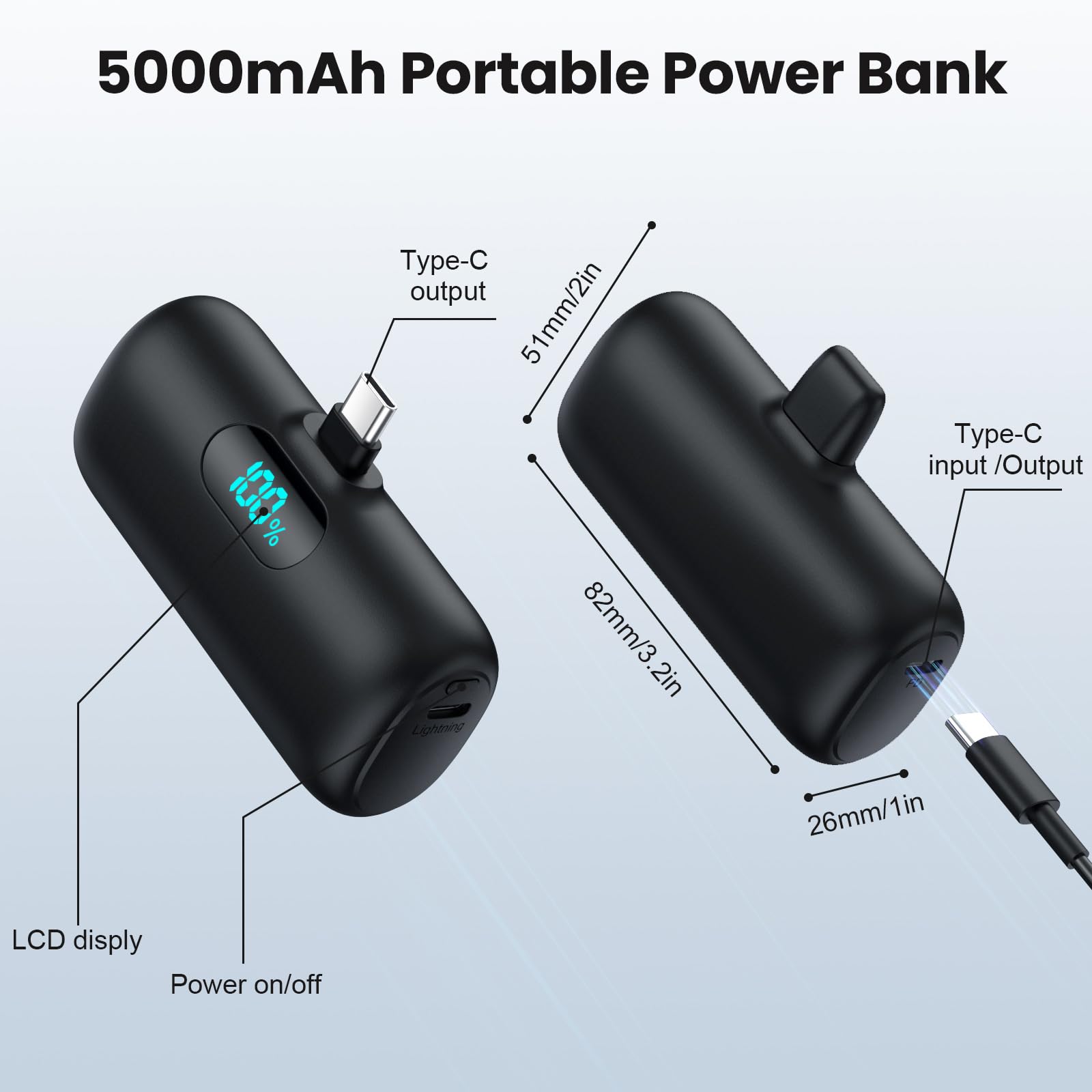 Mini Portable Charger USB C Power Bank,Upgraded 5000mAh PD Fast Charging Battery Pack Built-in USB-C Connector Travel Essential for iPhone17/17Pro/17Pro Max/Air/16 Plus/16Pro Max/15 Series Android