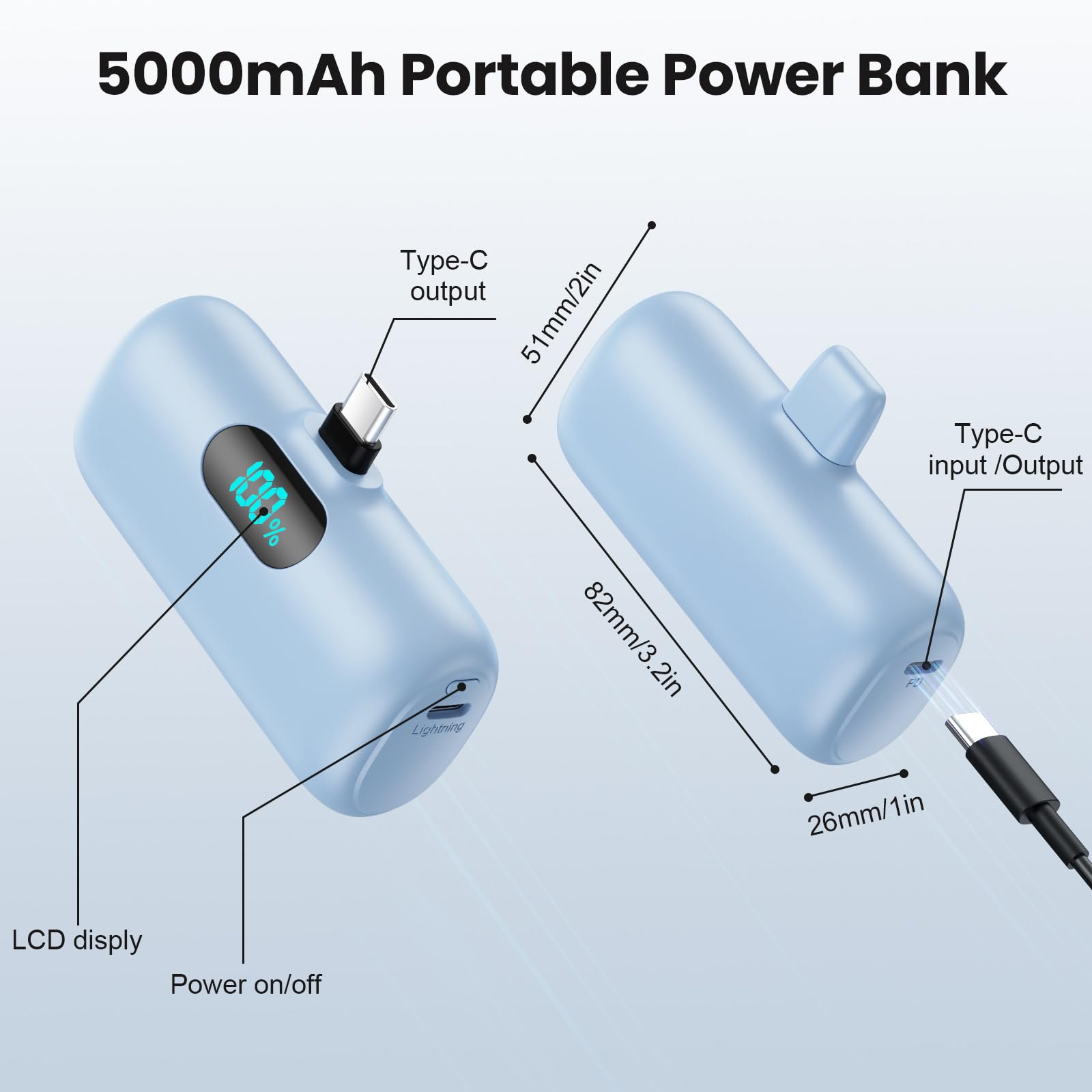 Mini Portable Charger USB C Power Bank,Upgraded 5000mAh PD Fast Charging Battery Pack Built-in USB-C Connector Travel Essential for iPhone17/17Pro/17Pro Max/Air/16 Plus/16Pro Max/15 Series Android
