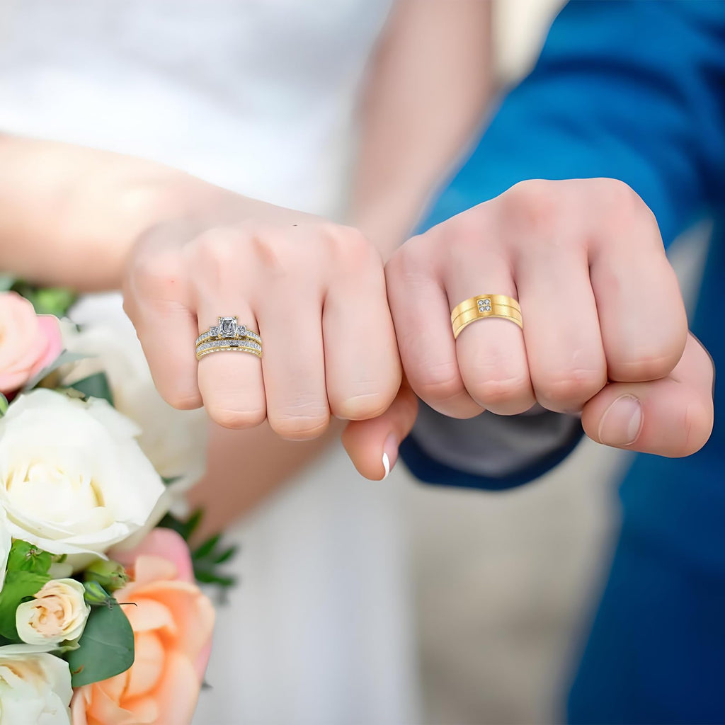 s925 10K 14K 18K Real Gold Couple Rings Sets, 3pcs Wedding Rings Set for Men and Women, Customized His and Her Matching Engagement Bands Set Free Engraving