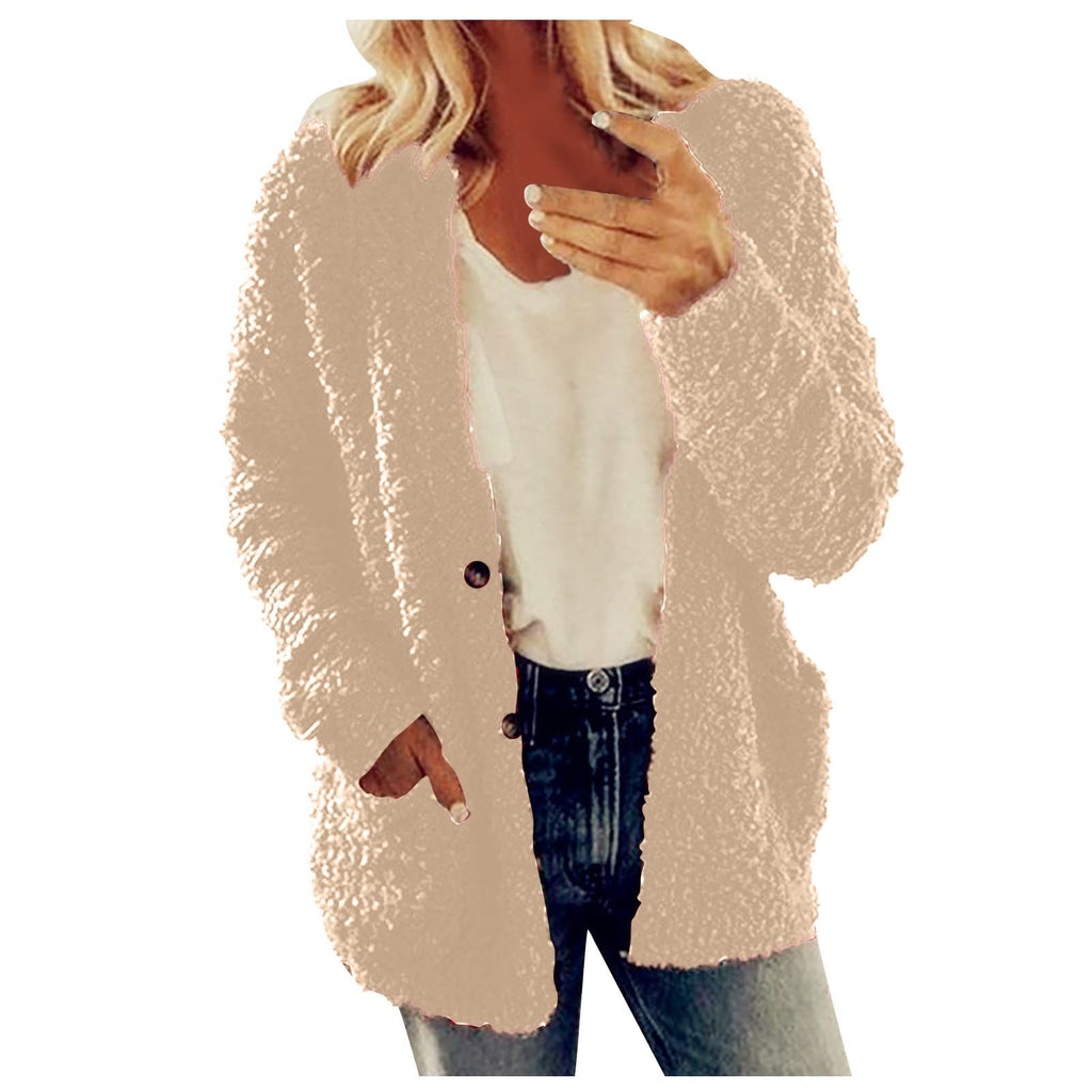 Cdiecer Fuzzy Jackets for Women Winter Sherpa Coat Autumn Winter Fleece Jacket Button Solid Color Cardigan With Pockets