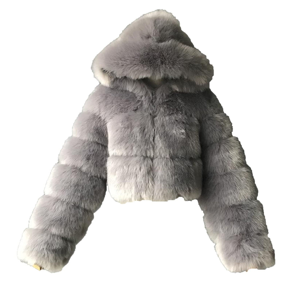 JEsilunmaMY Womens Fluffy Fur Short Coat Zip Long Sleeve Fleece Fuzzy Hooded Jacket Winter Warm Shaggy Shearling Outwear