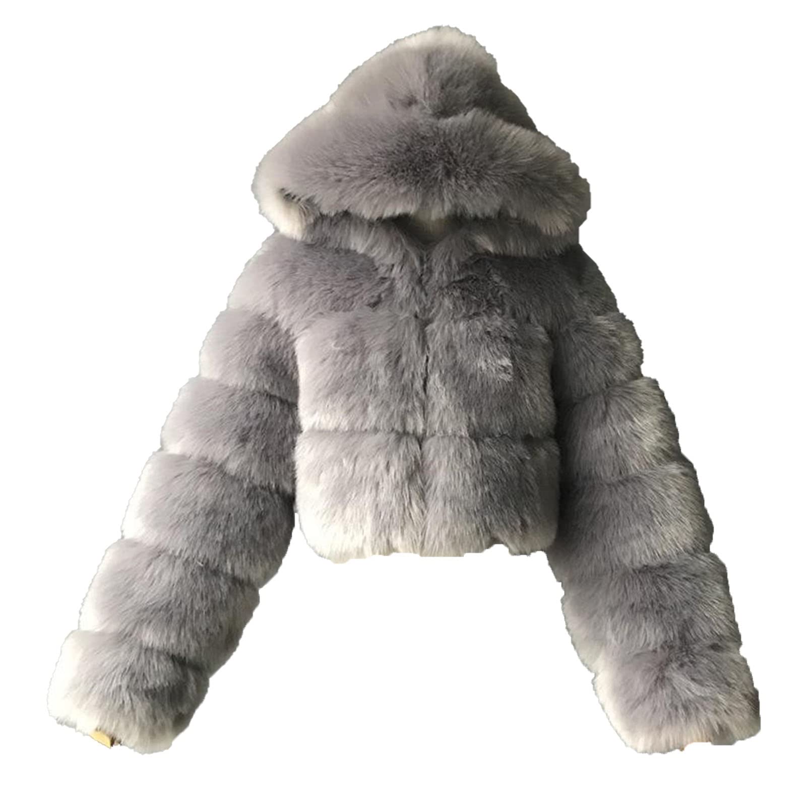 JEsilunmaMY Womens Fluffy Fur Short Coat Zip Long Sleeve Fleece Fuzzy Hooded Jacket Winter Warm Shaggy Shearling Outwear