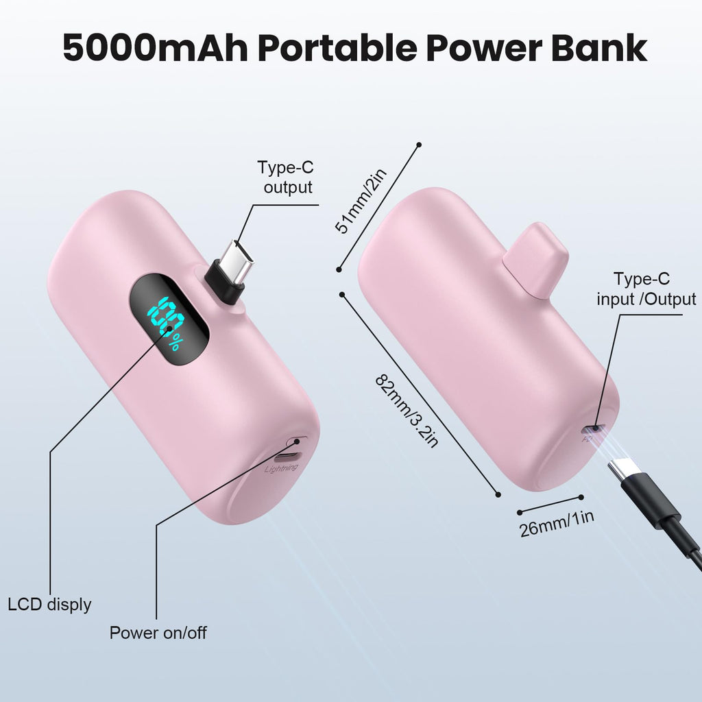 Mini Portable Charger USB C Power Bank,Upgraded 5000mAh PD Fast Charging Battery Pack Built-in USB-C Connector Travel Essential for iPhone17/17Pro/17Pro Max/Air/16 Plus/16Pro Max/15 Series Android