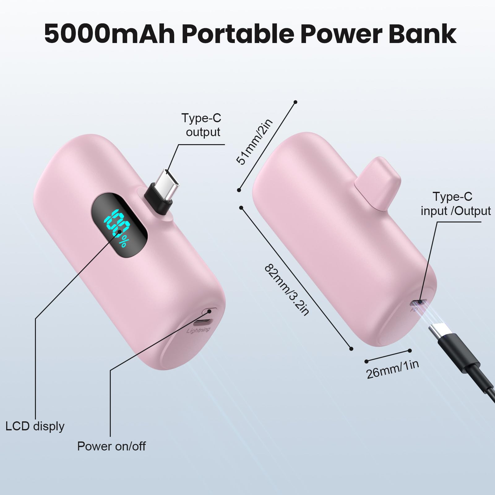 Mini Portable Charger USB C Power Bank,Upgraded 5000mAh PD Fast Charging Battery Pack Built-in USB-C Connector Travel Essential for iPhone17/17Pro/17Pro Max/Air/16 Plus/16Pro Max/15 Series Android