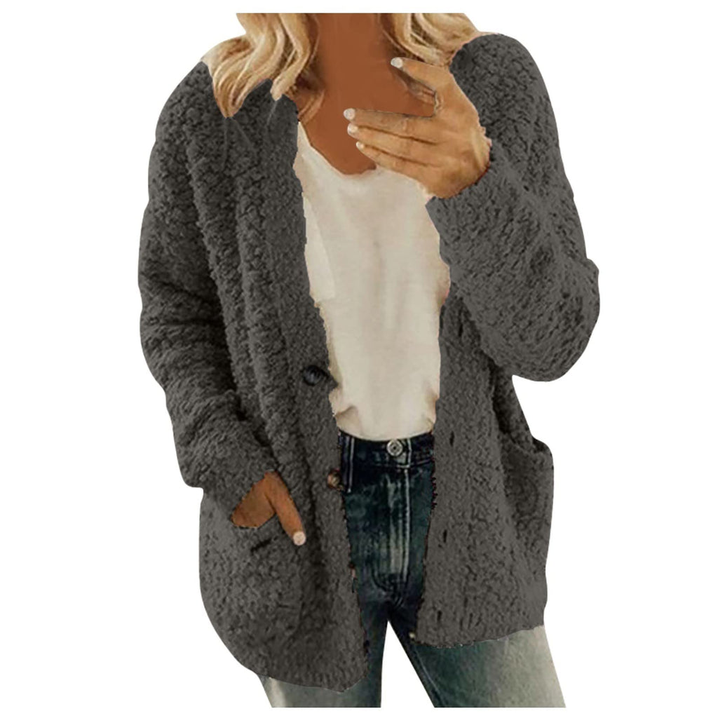 Cdiecer Fuzzy Jackets for Women Winter Sherpa Coat Autumn Winter Fleece Jacket Button Solid Color Cardigan With Pockets
