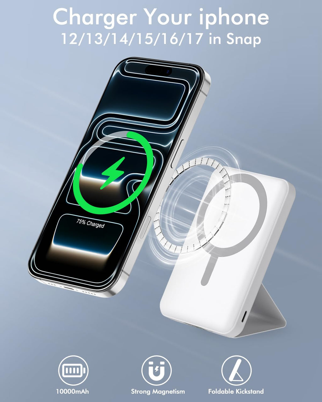 podoru for Magsafe Battery Pack, Foldable 10000mAh Magnetic Power Bank with USB-C Cable LED Display 22.5W PD Fast Charging Wireless Portable Charger for iPhone 17/16/15/14/13/12 Series-Black