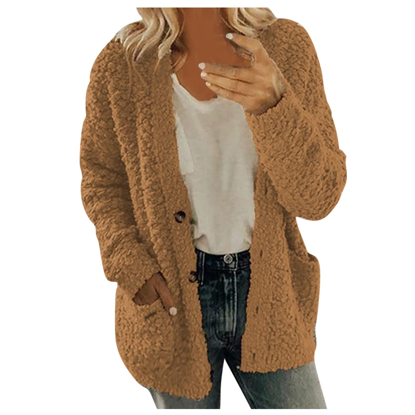 Cdiecer Fuzzy Jackets for Women Winter Sherpa Coat Autumn Winter Fleece Jacket Button Solid Color Cardigan With Pockets