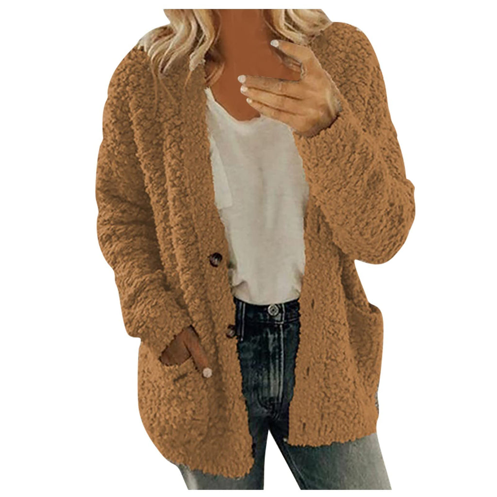 Cdiecer Fuzzy Jackets for Women Winter Sherpa Coat Autumn Winter Fleece Jacket Button Solid Color Cardigan With Pockets