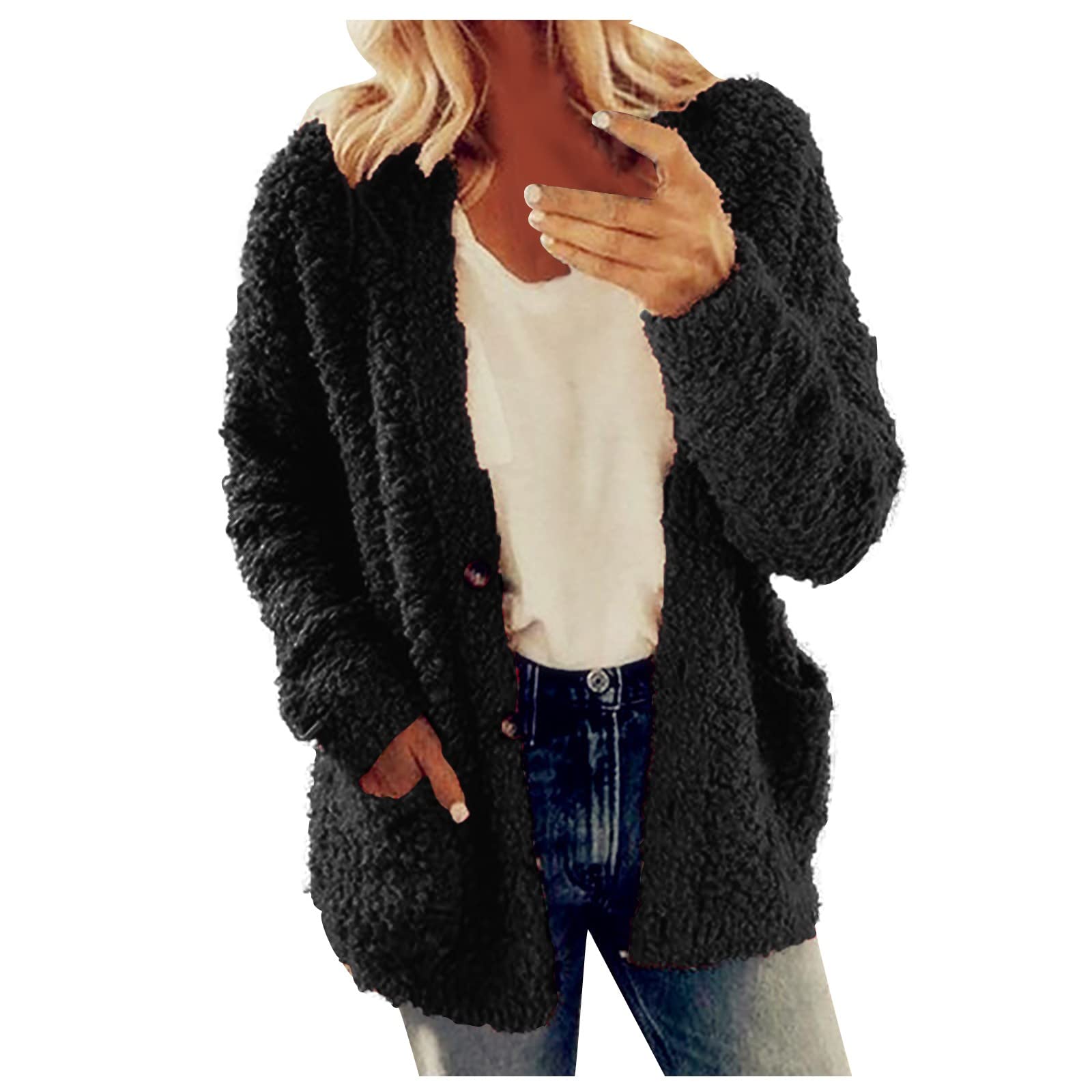 Cdiecer Fuzzy Jackets for Women Winter Sherpa Coat Autumn Winter Fleece Jacket Button Solid Color Cardigan With Pockets