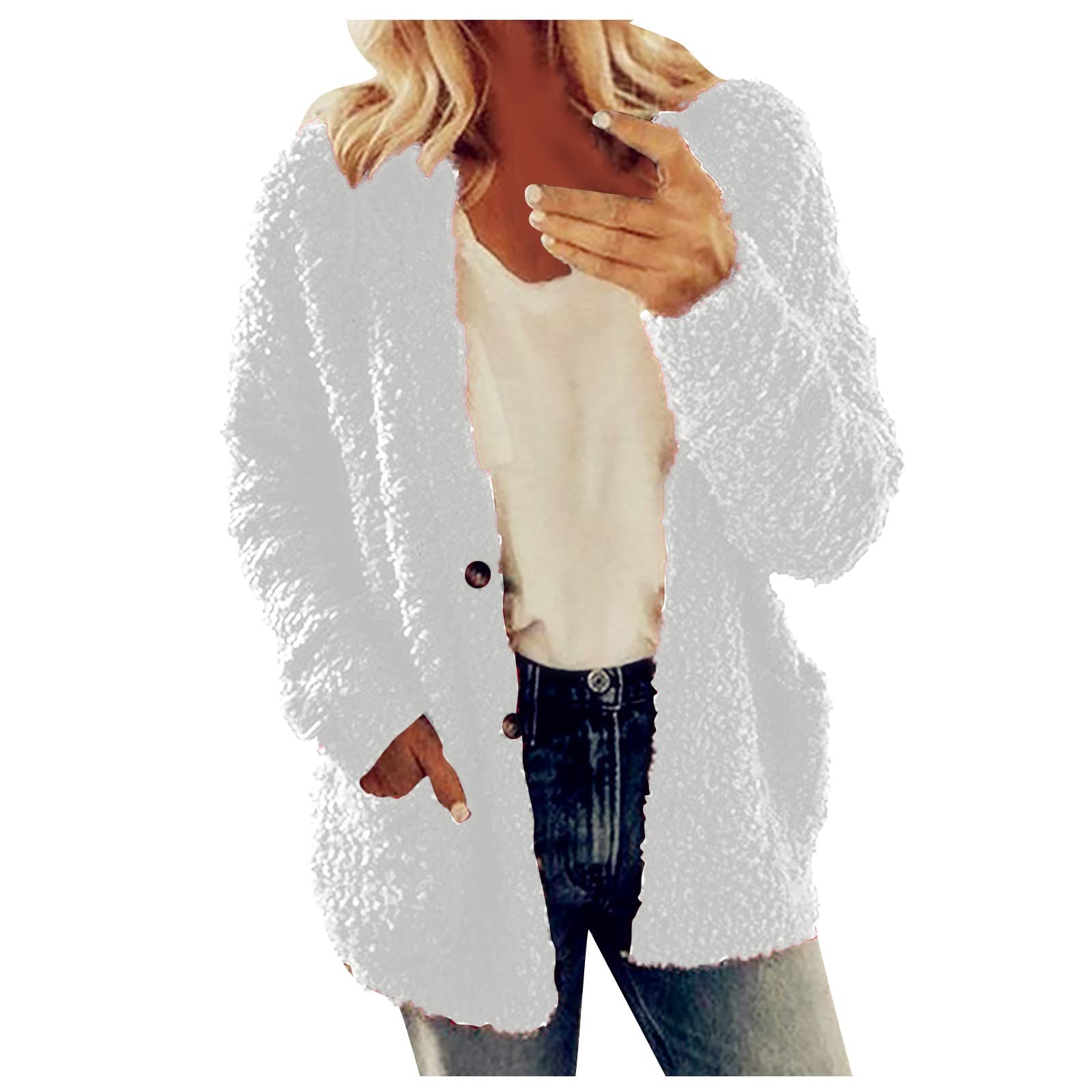 Cdiecer Fuzzy Jackets for Women Winter Sherpa Coat Autumn Winter Fleece Jacket Button Solid Color Cardigan With Pockets