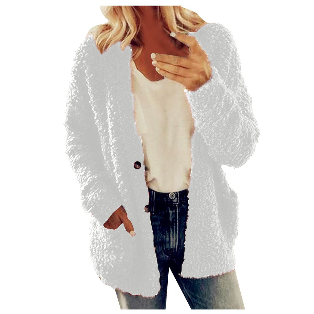 Cdiecer Fuzzy Jackets for Women Winter Sherpa Coat Autumn Winter Fleece Jacket Button Solid Color Cardigan With Pockets