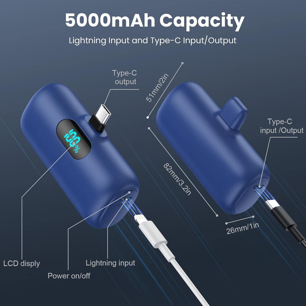 Mini Portable Charger USB C Power Bank,Upgraded 5000mAh PD Fast Charging Battery Pack Built-in USB-C Connector Travel Essential for iPhone17/17Pro/17Pro Max/Air/16 Plus/16Pro Max/15 Series Android
