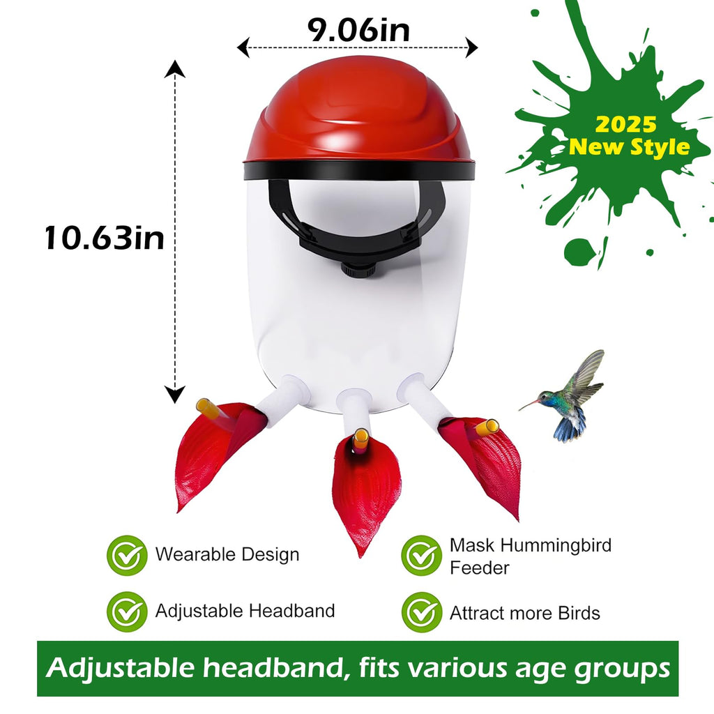 2025 Upgraded Hummingbird Feeder Helmet | Wearable Hummingbird Mask Feeder with Anti-Fog Lens & Bionic Flower | Adjustable for Adults & Teens Lightweight PVC Red