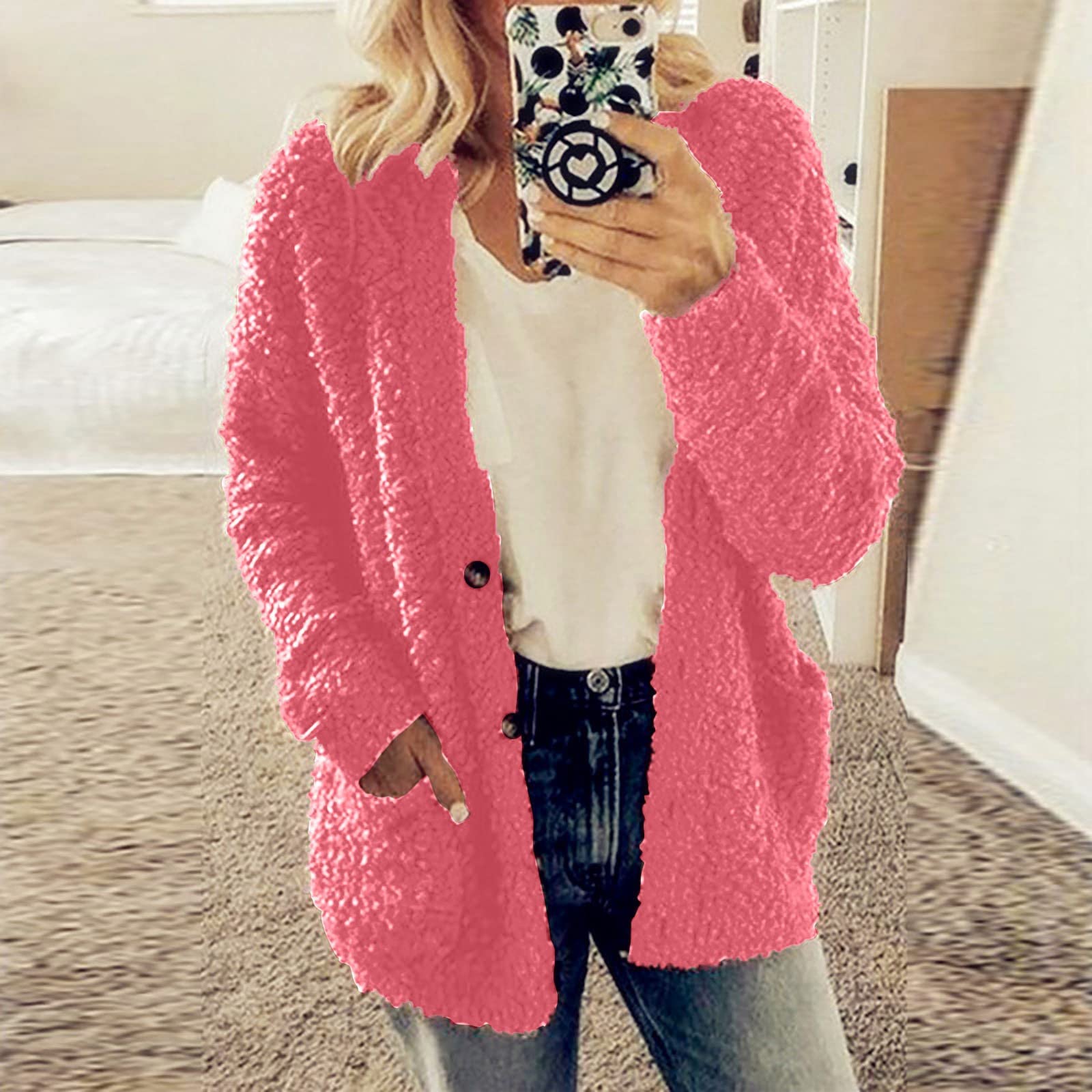 Cdiecer Fuzzy Jackets for Women Winter Sherpa Coat Autumn Winter Fleece Jacket Button Solid Color Cardigan With Pockets