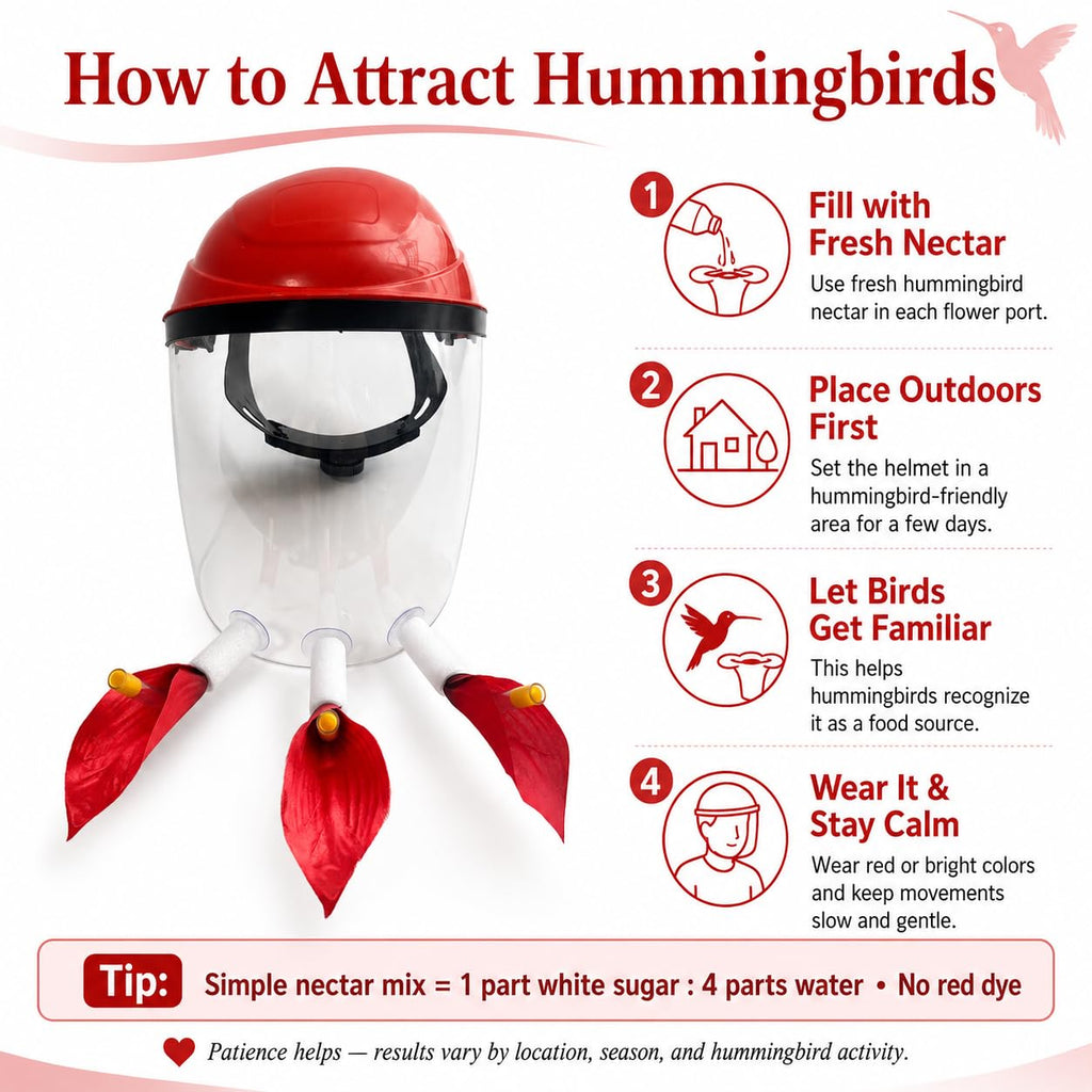 2025 Upgraded Hummingbird Feeder Helmet | Wearable Hummingbird Mask Feeder with Anti-Fog Lens & Bionic Flower | Adjustable for Adults & Teens Lightweight PVC Red