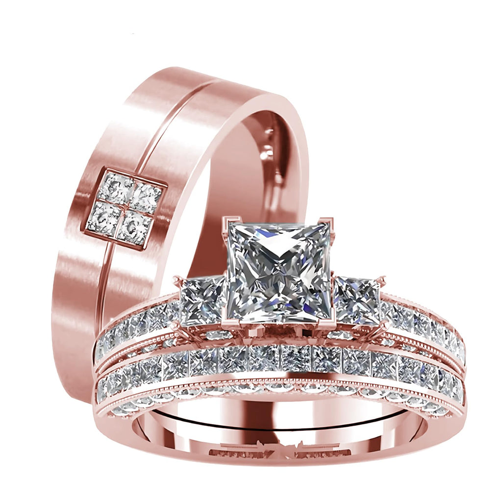 s925 10K 14K 18K Real Gold Couple Rings Sets, 3pcs Wedding Rings Set for Men and Women, Customized His and Her Matching Engagement Bands Set Free Engraving
