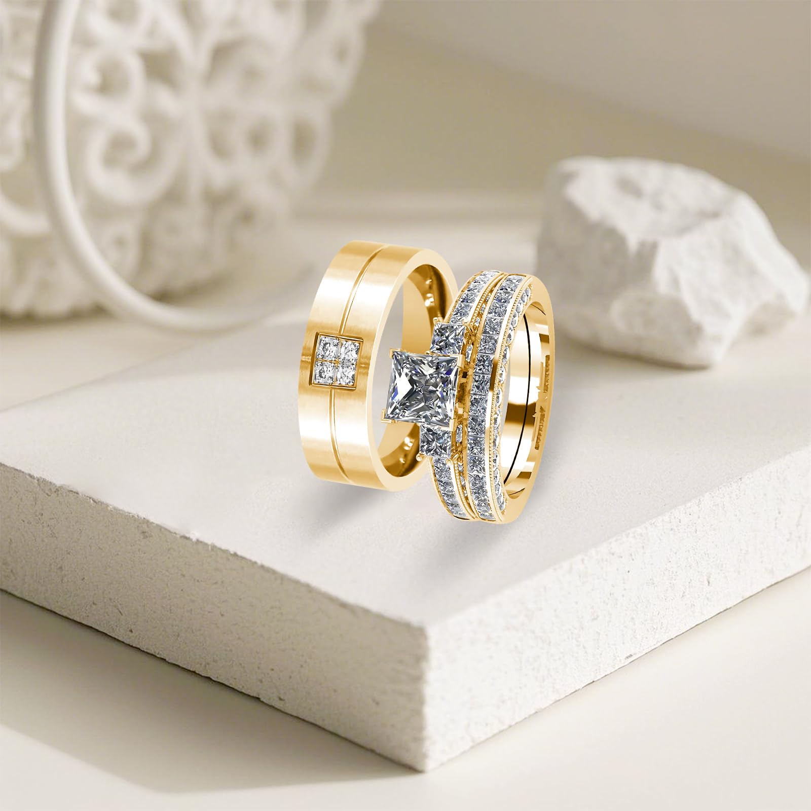 s925 10K 14K 18K Real Gold Couple Rings Sets, 3pcs Wedding Rings Set for Men and Women, Customized His and Her Matching Engagement Bands Set Free Engraving