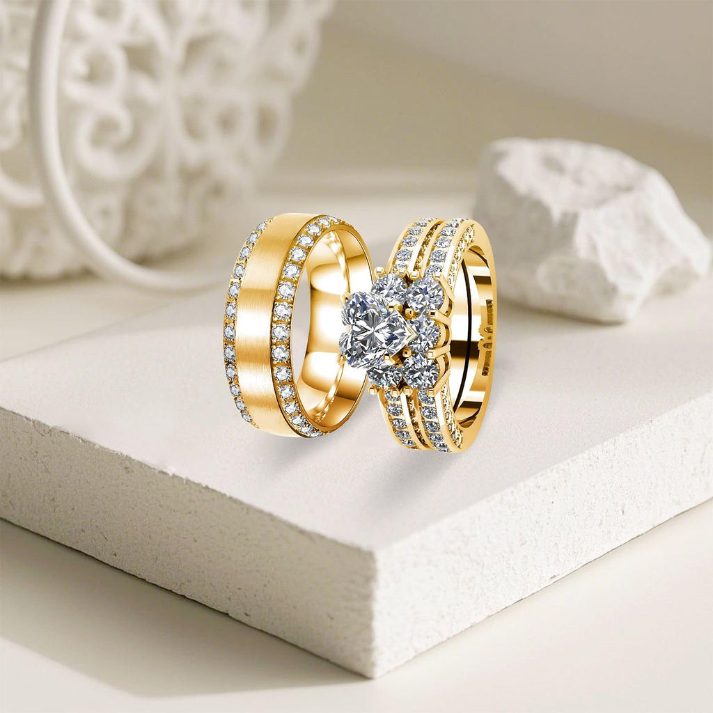 s925 10K 14K 18K Real Gold Couple Rings Sets, 3pcs Wedding Rings Set for Men and Women, Customized His and Her Matching Engagement Bands Set Free Engraving