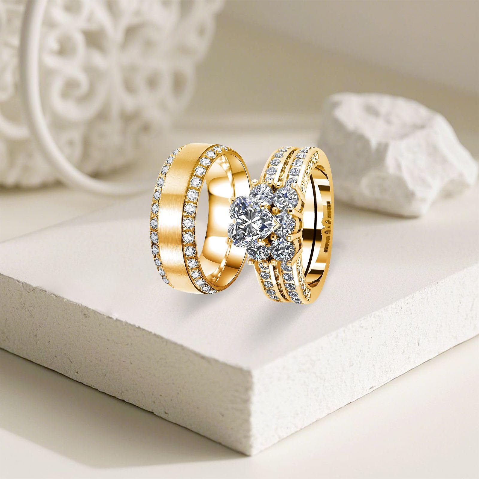 s925 10K 14K 18K Real Gold Couple Rings Sets, 3pcs Wedding Rings Set for Men and Women, Customized His and Her Matching Engagement Bands Set Free Engraving