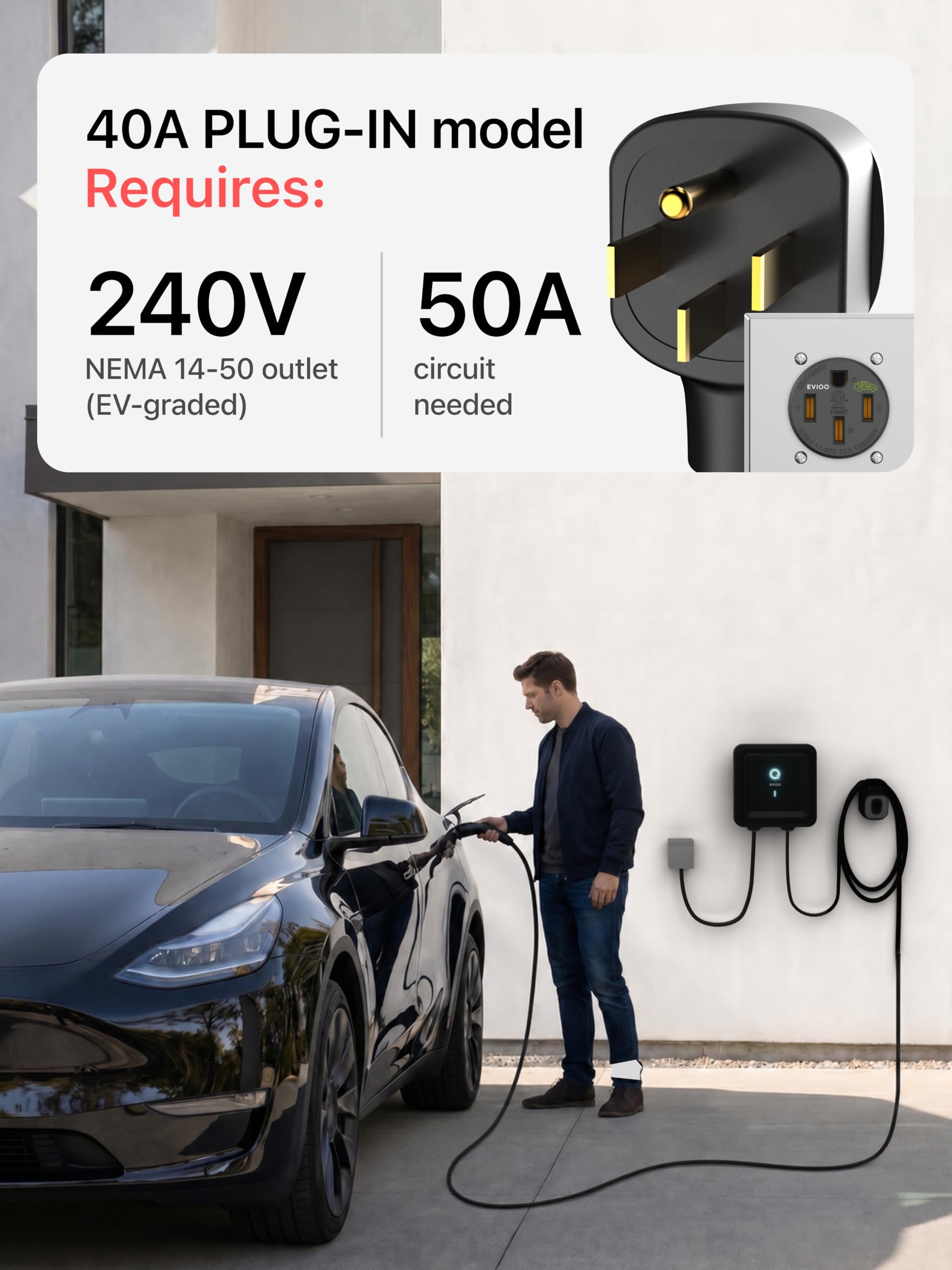 EVIQO NACS Charger for Tesla 48 Amp 240V Hardwired Level 2 EV Charger - Wall EV Charger Level 2, 25ft Cable, WiFi (2.4 GHz) Smart App - Weatherproof, Outdoor (IP66,NEMA 4) UL, ETL Certified