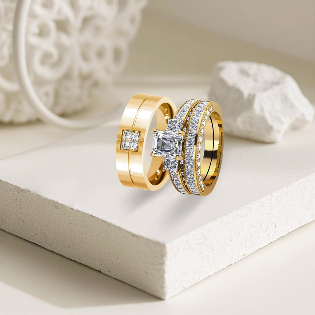 s925 10K 14K 18K Real Gold Couple Rings Sets, 3pcs Wedding Rings Set for Men and Women, Customized His and Her Matching Engagement Bands Set Free Engraving