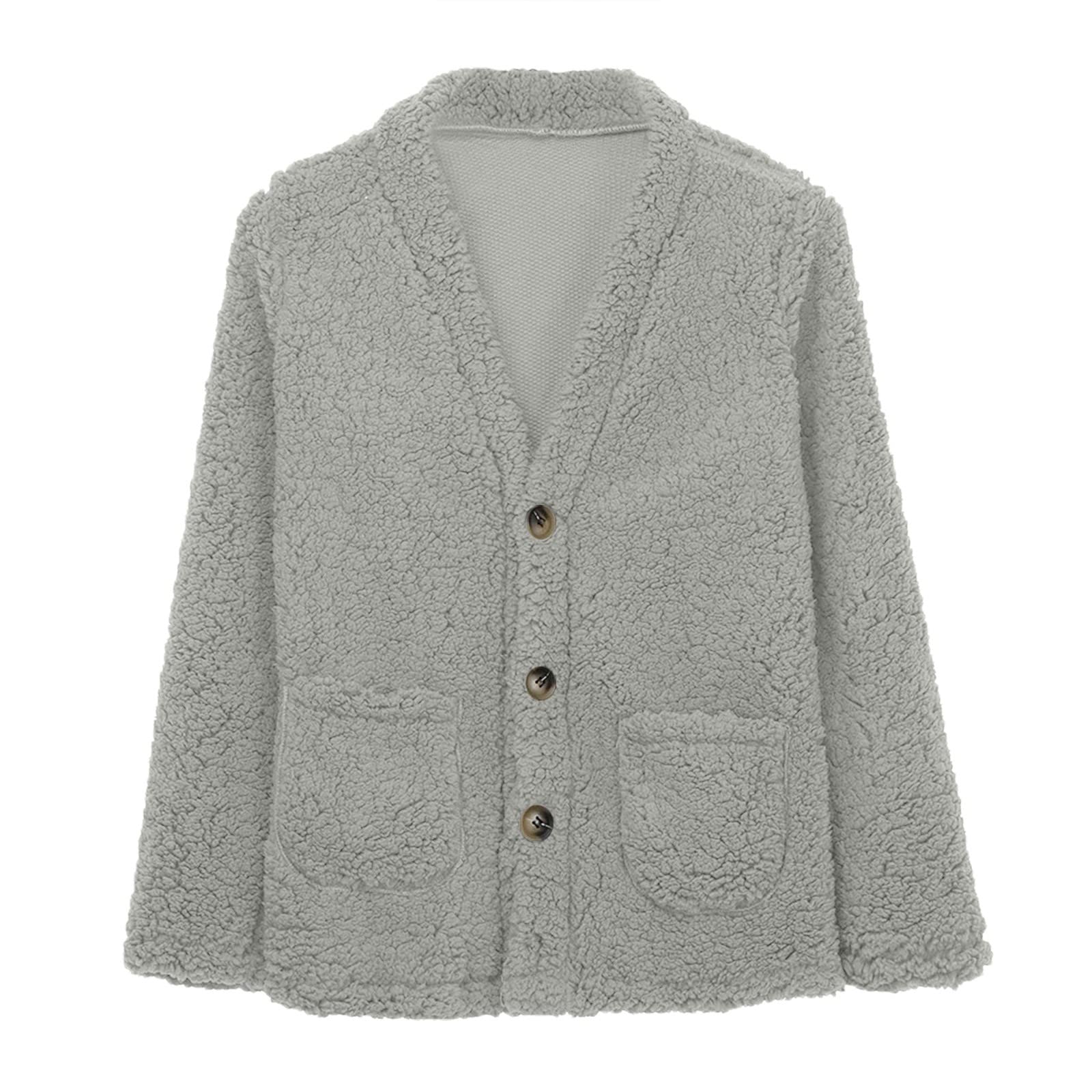 Cdiecer Fuzzy Jackets for Women Winter Sherpa Coat Autumn Winter Fleece Jacket Button Solid Color Cardigan With Pockets