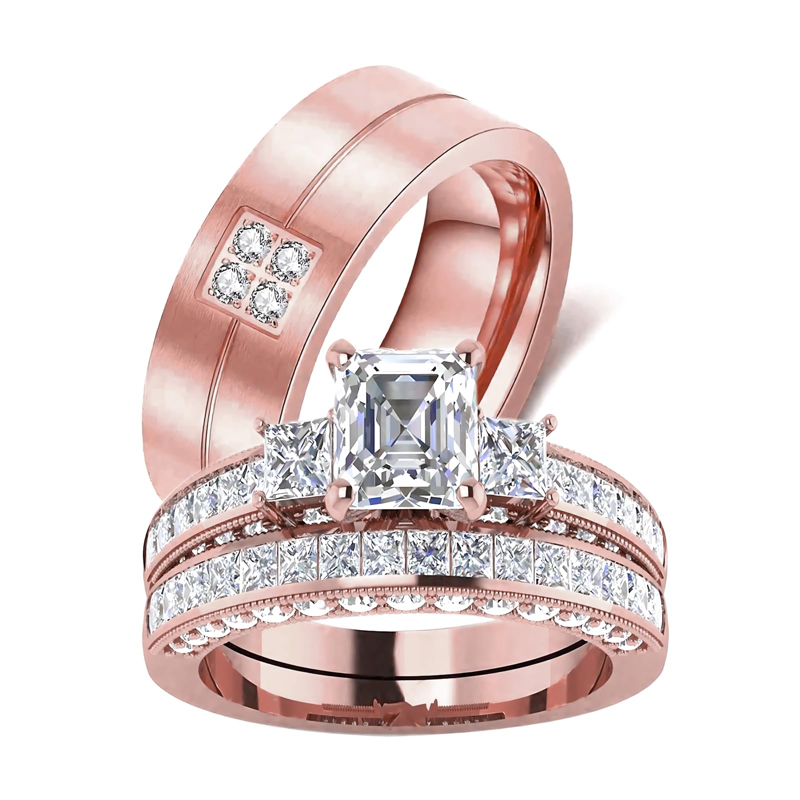 s925 10K 14K 18K Real Gold Couple Rings Sets, 3pcs Wedding Rings Set for Men and Women, Customized His and Her Matching Engagement Bands Set Free Engraving