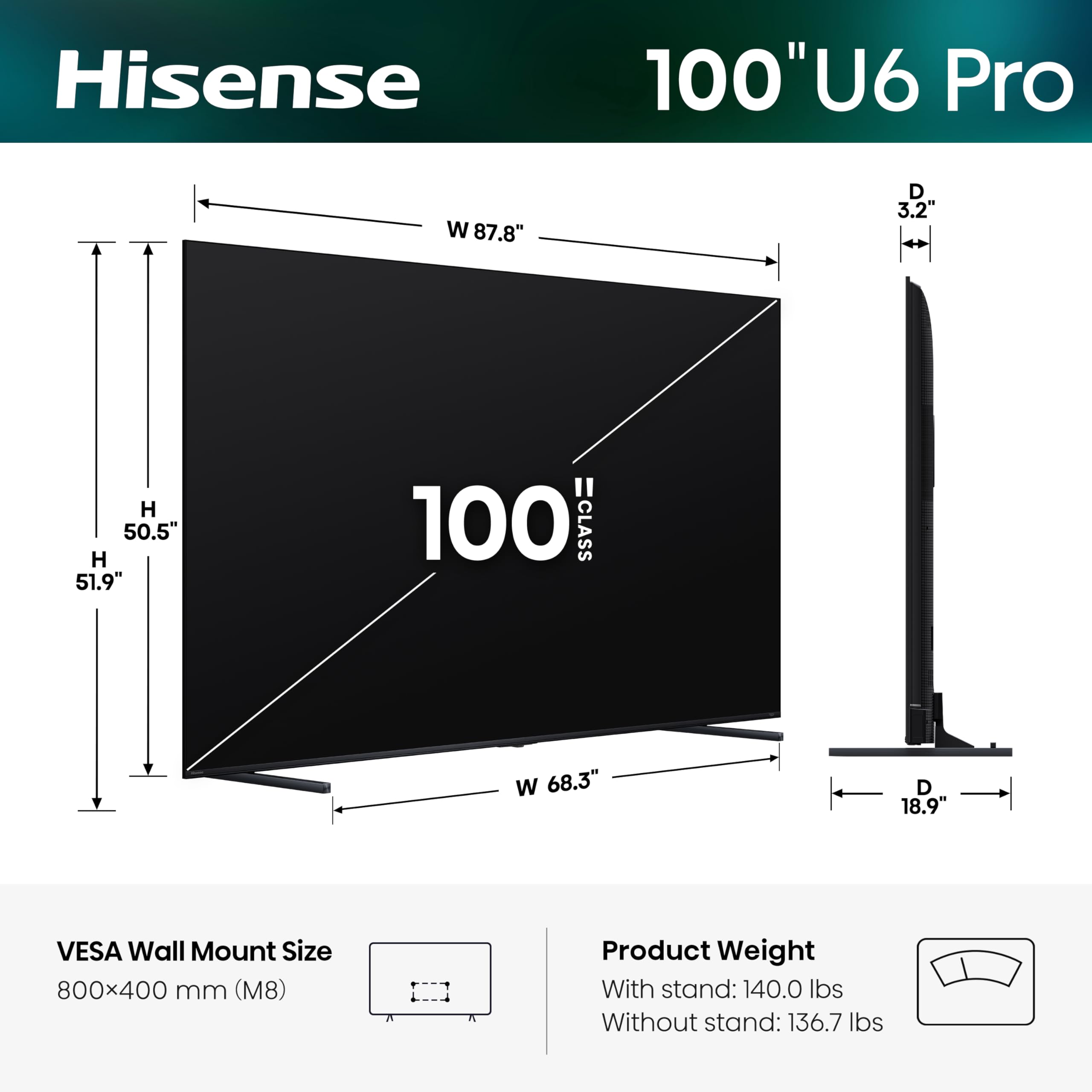 Hisense 100" U6 Pro Series Mini‑LED ULED 4K UHD HDR Gaming AI Smart Fire TV (100U6SF Pro, 2026 New) – Hi-QLED, Native 144Hz, Motion Rate 480, Dolby Vision IQ · Atmos, HDR10+, Glare-Free, Alexa+