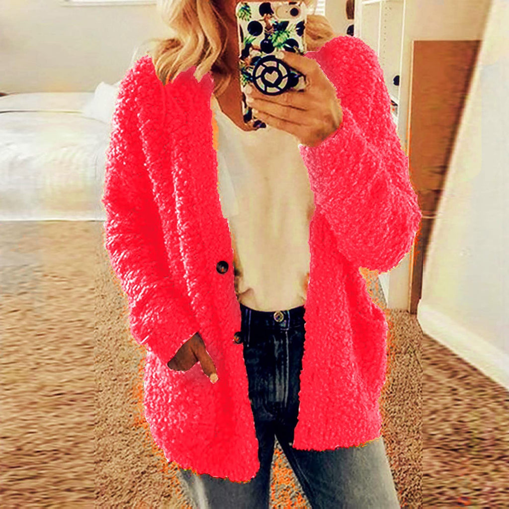 Cdiecer Fuzzy Jackets for Women Winter Sherpa Coat Autumn Winter Fleece Jacket Button Solid Color Cardigan With Pockets
