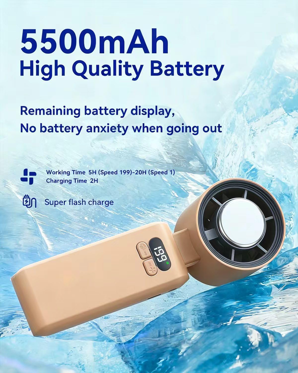 Handheld Portable Turbo Fan with Ice Cooler, Speed (1-199) Rechargeable Personal Fan[20000 RPM] Small Pocket Fans for Travel/Outdoor/Home/Office, Purple