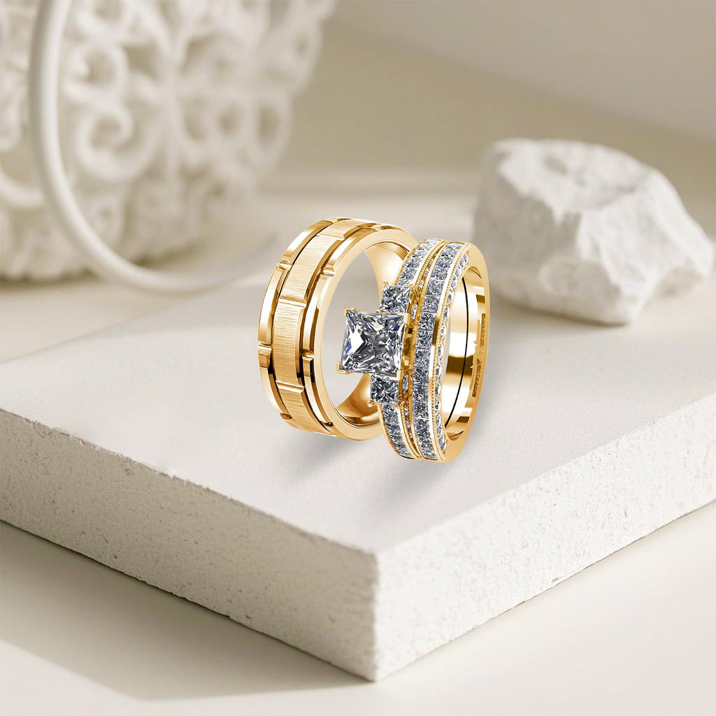 s925 10K 14K 18K Real Gold Couple Rings Sets, 3pcs Wedding Rings Set for Men and Women, Customized His and Her Matching Engagement Bands Set Free Engraving