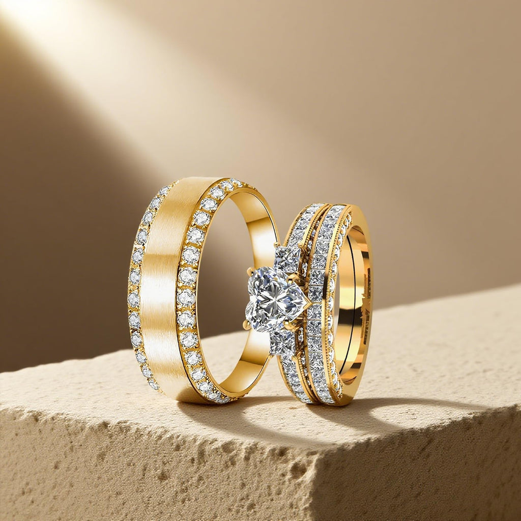 s925 10K 14K 18K Real Gold Couple Rings Sets, 3pcs Wedding Rings Set for Men and Women, Customized His and Her Matching Engagement Bands Set Free Engraving