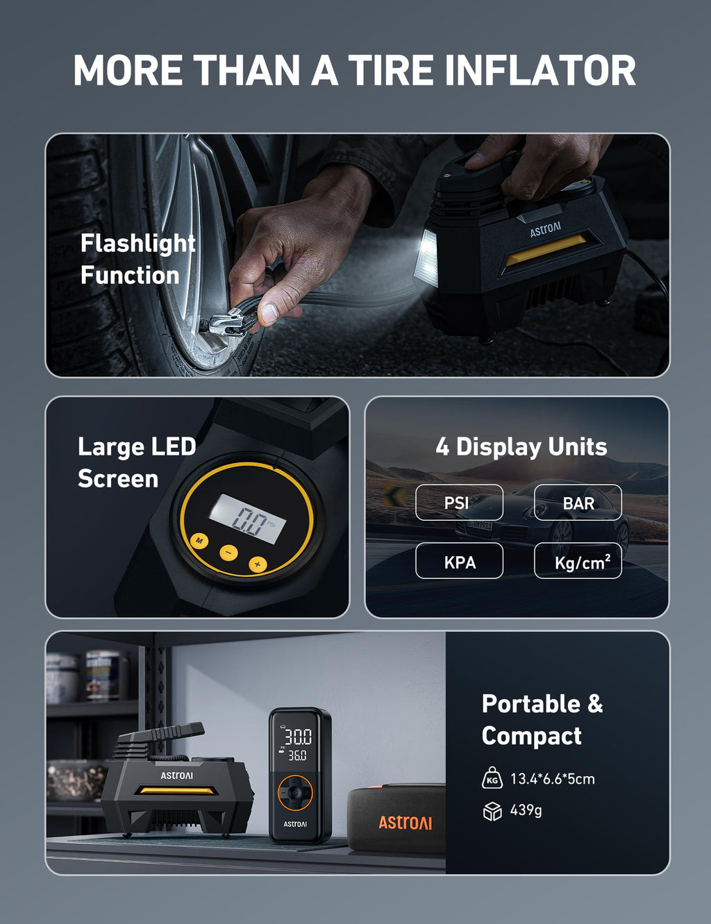 AstroAI AIRUN H Tire Inflator Portable Air Compressor,9.8Ft Cord-12VDC-Powered Auto Shut-Off,Fast Inflation Electric Air Pump for Car Tires-Car Accessories with Digital Pressure Gauge,LED Light,Yellow