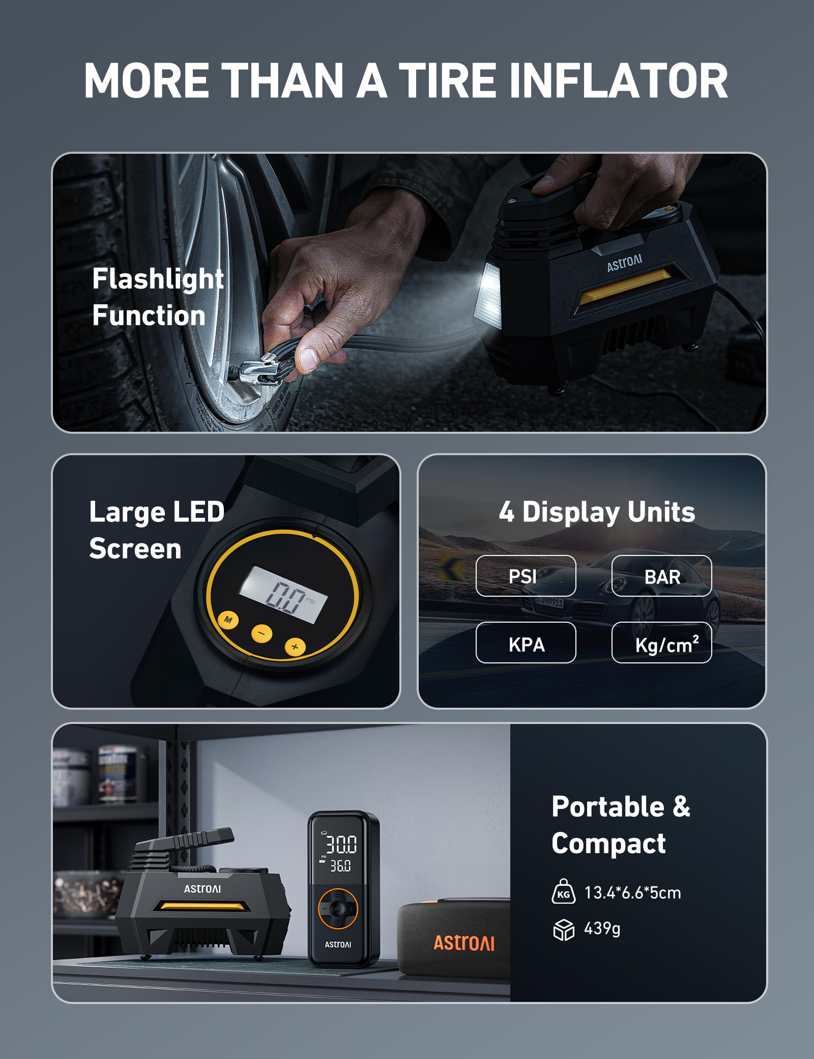 AstroAI AIRUN H Tire Inflator Portable Air Compressor,9.8Ft Cord-12VDC-Powered Auto Shut-Off,Fast Inflation Electric Air Pump for Car Tires-Car Accessories with Digital Pressure Gauge,LED Light,Yellow