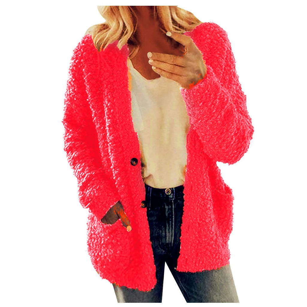Cdiecer Fuzzy Jackets for Women Winter Sherpa Coat Autumn Winter Fleece Jacket Button Solid Color Cardigan With Pockets