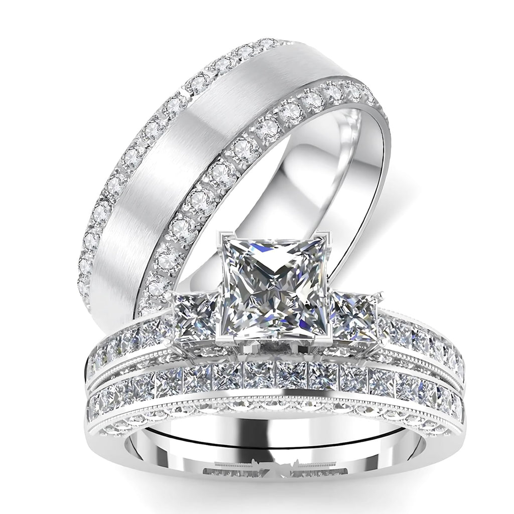 s925 10K 14K 18K Real Gold Couple Rings Sets, 3pcs Wedding Rings Set for Men and Women, Customized His and Her Matching Engagement Bands Set Free Engraving