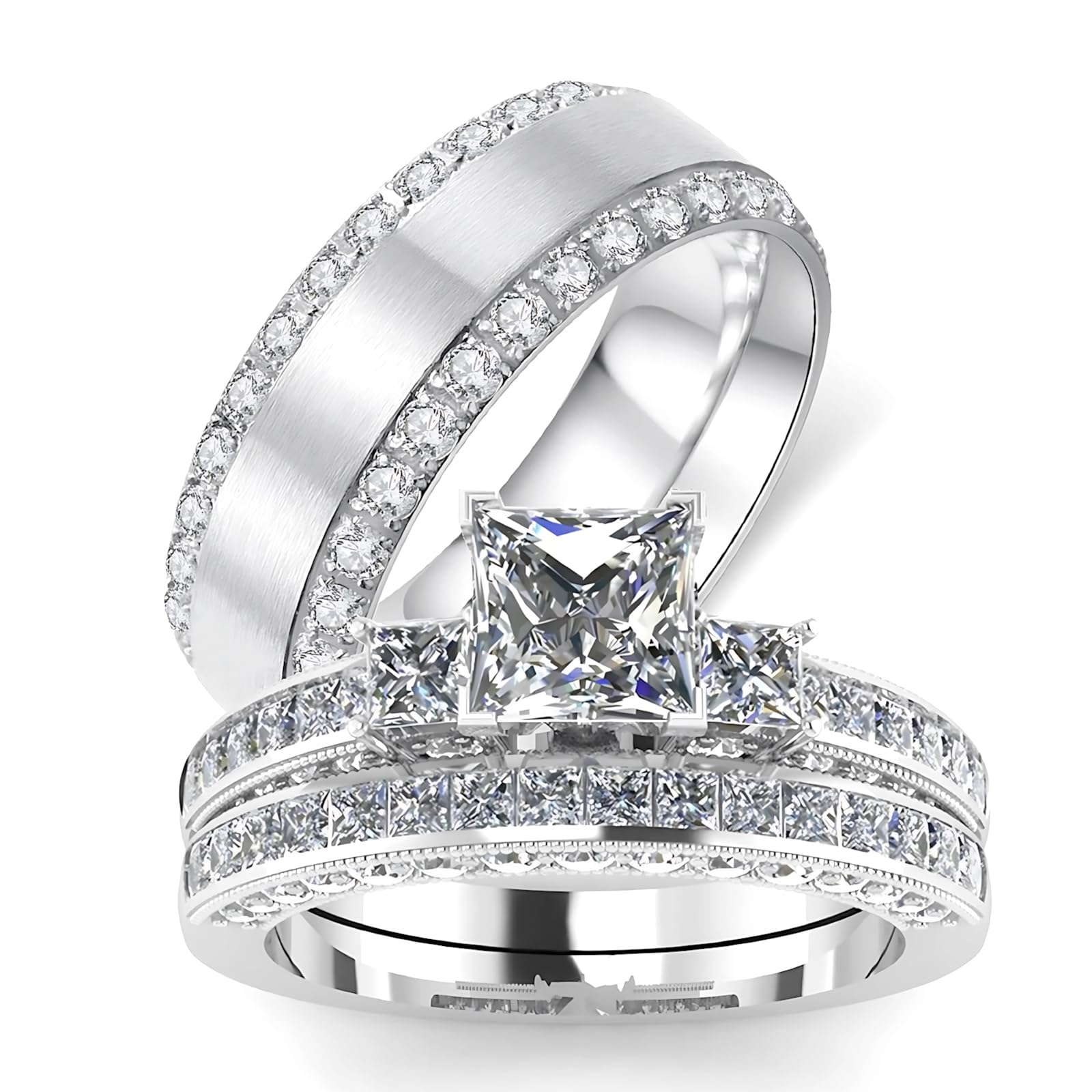 s925 10K 14K 18K Real Gold Couple Rings Sets, 3pcs Wedding Rings Set for Men and Women, Customized His and Her Matching Engagement Bands Set Free Engraving