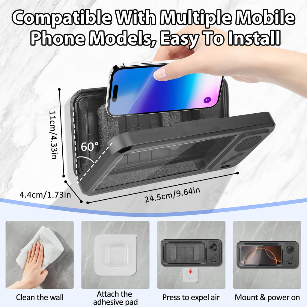 Shower Phone Holder with Wireless Bluetooth Speaker,2026 New Waterproof 480 Rotation Viewable Shower Phone Case Speaker for Any Phone, Wall Mounted Phoneholder for Bathroom Mirror,Gifts for Mom Dad