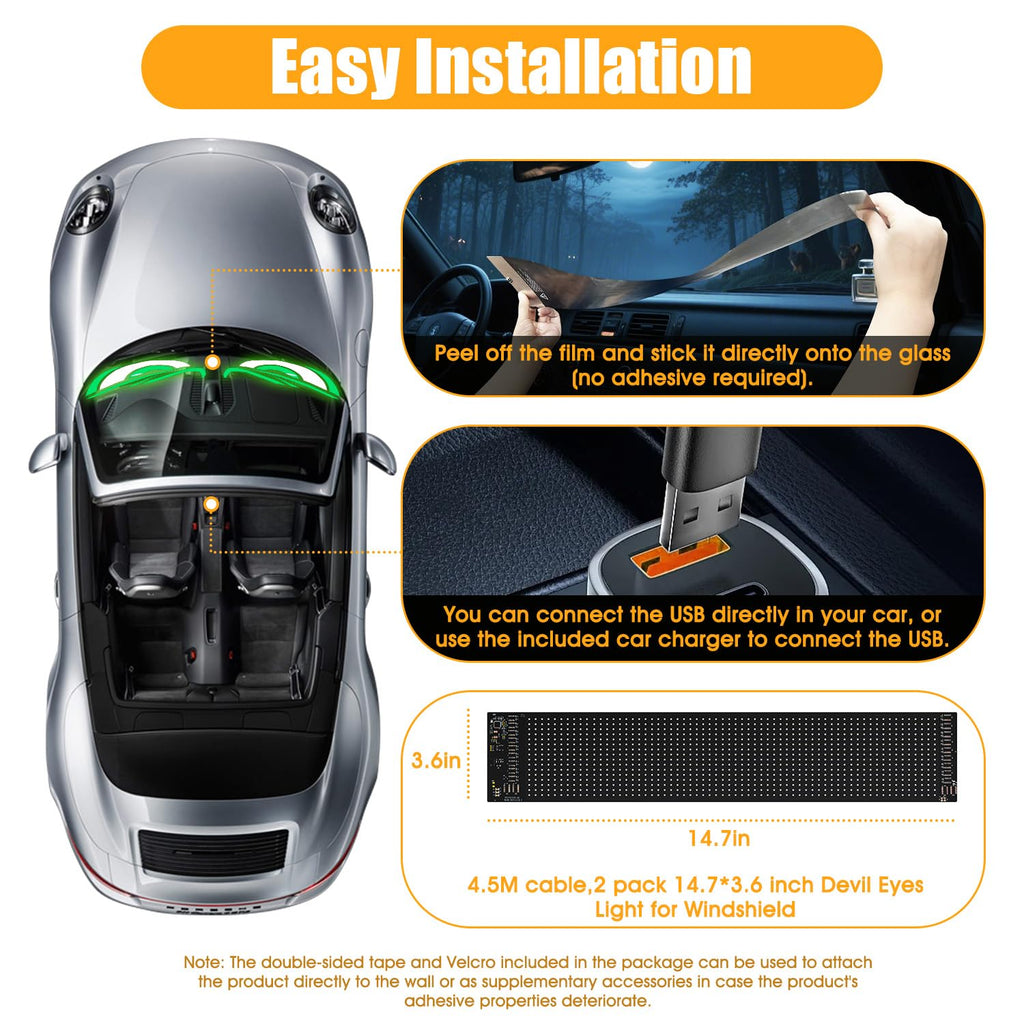 Eyes for Car 2-Pack:14.7"x3.6" Programmable ojos led para carro Windshield Display for Sedans, SUVs & Medium Trucks - USB-Powered LED Matrix Panel, Remote/App Control, Custom Car Sign
