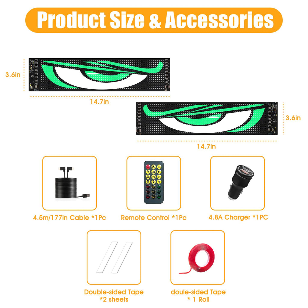Eyes for Car 2-Pack:14.7"x3.6" Programmable ojos led para carro Windshield Display for Sedans, SUVs & Medium Trucks - USB-Powered LED Matrix Panel, Remote/App Control, Custom Car Sign